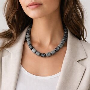 Chico’s Black & Gray Marble Stone Chunky Necklace | Statement Beaded | 21”